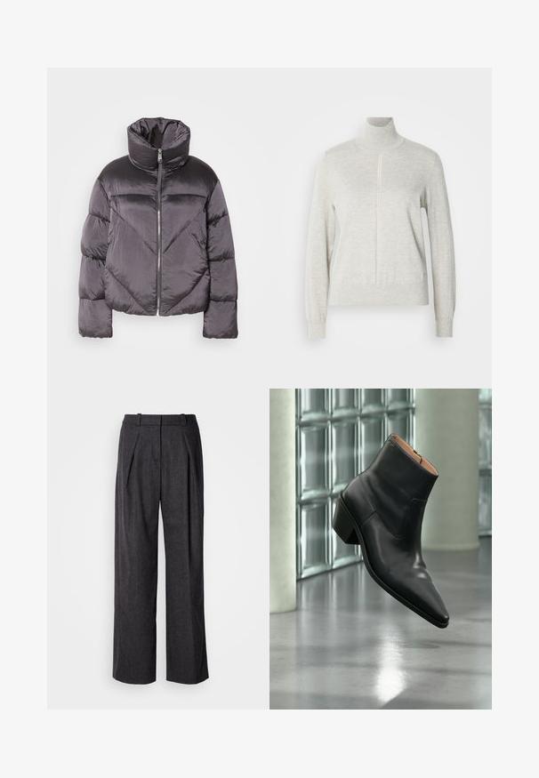 Puffjakke i mørkegrå, med høj krave, blankt materiale, chevronmønster og frontlynlås. Korte, polstrede ærmer.; Lys grå sweater med høj krave og kvart lynlås. Lavet af et blødt, struktureret materiale, der har lange ærmer og en tætsiddende kant.; Mørkegrå brede benbukser i et struktureret stof, med frontfolder og et klassisk livdesign. Ingen synlige lommer.; Sort læderankelstøvle med spids tå og blokhæl, der svæver over en reflekterende grå gulv nær en væg af glasblokke.