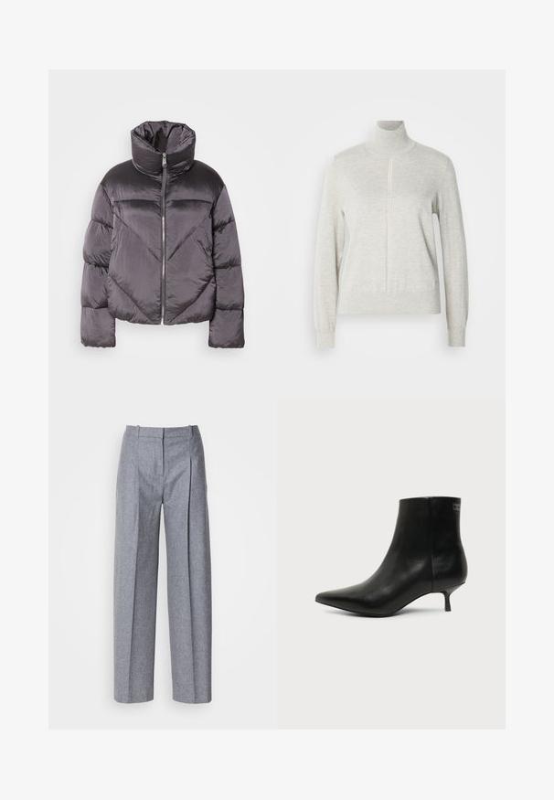 Puffjakke i mørkegrå, med høj krave, blankt materiale, chevronmønster og frontlynlås. Korte, polstrede ærmer.; Lys grå sweater med høj krave og kvart lynlås. Lavet af et blødt, struktureret materiale, der har lange ærmer og en tætsiddende kant.; Lys grå bredbenede bukser i et struktureret stof, med plisseringer foran og en skræddersyet talje. Minimalistisk design, ingen synlig hardware.; Sort læder ankelstøvle med spids tå og lav kitten hæl på lys baggrund, der viser yderside.