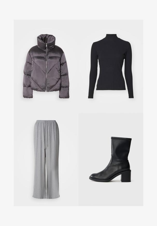 Daunenjacke in Dunkelgrau, mit hohem Kragen, glänzendem Material, Zickzackmuster und einem Reißverschluss vorne. Kurze, gepolsterte Ärmel.; Schwarzes, geripptes Rollkragenoberteil mit langen Ärmeln. Aus dehnbarem Stoff mit figurbetonter Passform und hohem Kragen. Einfaches Design ohne Verzierungen.; Helle grau weite Hose aus weichem Stoff, mit einem elastischen Taillenbund und Kordelzug sowie dezenten diagonalen Mustern.; Schwarze Leder-Ankle Boots mit runder Zehenform, glatter Oberfläche und dicker Absatz, ausgestattet mit einem eng anliegenden Schaft und subtilen Nähten.