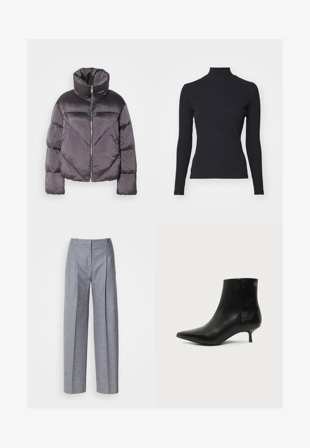 Daunenjacke in Dunkelgrau, mit hohem Kragen, glänzendem Material, Zickzackmuster und einem Reißverschluss vorne. Kurze, gepolsterte Ärmel.; Schwarzes, geripptes Rollkragenoberteil mit langen Ärmeln. Aus dehnbarem Stoff mit figurbetonter Passform und hohem Kragen. Einfaches Design ohne Verzierungen.; Helle graue weit geschnittene Hosen aus strukturiertem Stoff, mit Falten vorne und einem taillierten Bund. Minimalistisches Design, keine sichtbaren Beschläge.; Schwarzer Leder-Knöchel-Stiefel mit spitzer Spitze und niedrigem Kittenabsatz vor hellem Hintergrund, seitliche Ansicht.