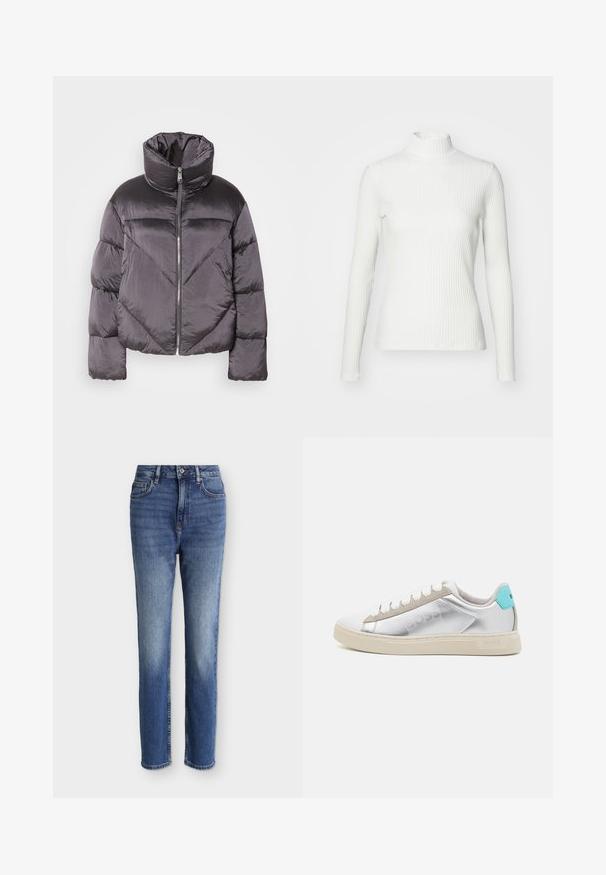 Puffjakke i mørkegrå, med høj krave, blankt materiale, chevronmønster og frontlynlås. Korte, polstrede ærmer.; Hvid ribbet turtleneck blouse med lange ærmer, lavet af elastisk stof. Har et tætsiddende design og høj hals for god dækning.; Mellemblå højtaljede straight-leg jeans med forlommer, bæltestropper, knappelukning og subtile falmede detaljer på lår og knæ.; BOSS RHYS TENN PUMT - Sneakers - silver