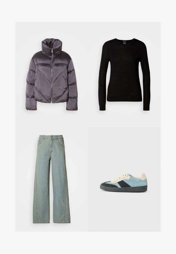 Daunenjacke in Dunkelgrau, mit hohem Kragen, glänzendem Material, Zickzackmuster und einem Reißverschluss vorne. Kurze, gepolsterte Ärmel.; Schwarzer Pullover aus feinem Strickmaterial, mit rundem Halsausschnitt und langen Ärmeln mit enganliegenden Bündchen. Keine sichtbaren Muster oder Verzierungen.; Helle blaue weit geschnittene Jeans aus Denim, mit einem Knopf- und Reißverschluss, fünf Taschen und kontrastierenden Steppnähten.; Niedrigprofi-Sneaker in Hellblau, Dunkelgrün und beigem Wildleder mit schwarzer Sohle und beigen Schnürsenkeln, von der Außenseite gezeigt.