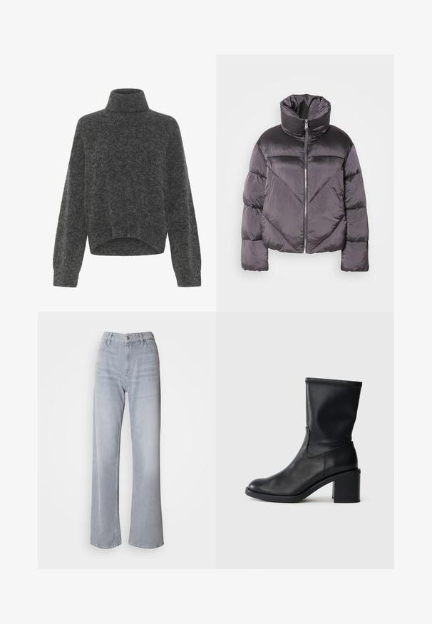 Puffjakke i mørkegrå, med høj krave, blankt materiale, chevronmønster og frontlynlås. Korte, polstrede ærmer.; Mørkegrå, fuzzy turtleneck sweater med afslappet pasform og dropped shoulders. Blød tekstur og cropped kantdetalje. Ingen synlige lukninger.; Lys grå vidde jeans med høj talje, lavet af denim. Har forlommer, lynlås og subtil falmen over det hele.; Sort læder ankelstøvle med rund tå, glat tekstur og en grov hæl, der har et tætsiddende skaft og subtil syning.