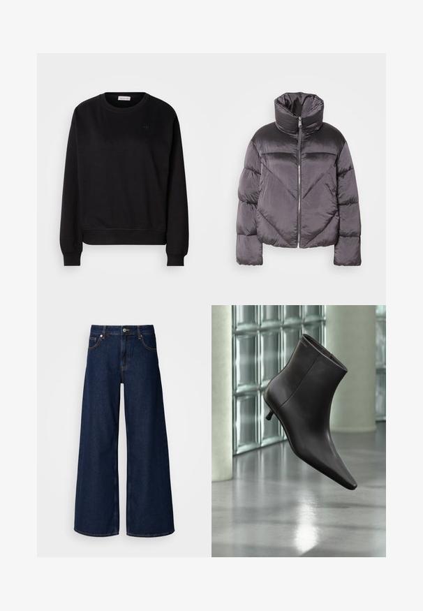 Puffjakke i mørkegrå, med høj krave, blankt materiale, chevronmønster og frontlynlås. Korte, polstrede ærmer.; Sort sweatshirt lavet af blødt materiale, med rund hals, ribbede manchetter og et lille CK-logo på brystet. Simpelt, minimalistisk design.; Bredde ben mørkeblå denimbukser med høj talje, frontlommer og knaplukning. Har kontrastsyninger og en glat tekstur.; Sort læderankelstøvle med spids tå og lille hæl vist mod en væg af glasblokke og poleret gulv baggrund.
