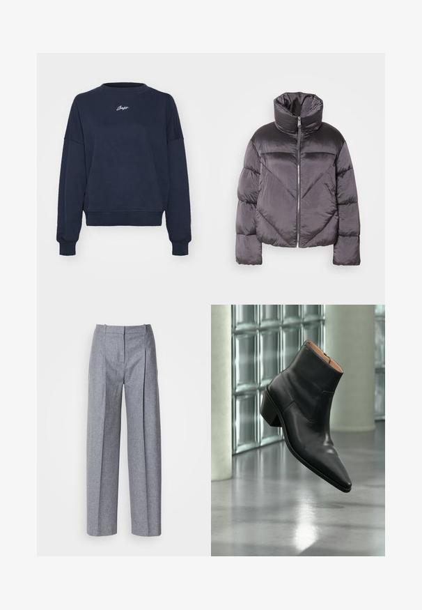 Puffjakke i mørkegrå, med høj krave, blankt materiale, chevronmønster og frontlynlås. Korte, polstrede ærmer.; Marineblå sweatshirt lavet af blødt bomuld, med rund hals, sænkede skuldre og broderet logo på brystet. Casual pasform, ribbede manchetter.; Lys grå bredbenede bukser i et struktureret stof, med plisseringer foran og en skræddersyet talje. Minimalistisk design, ingen synlig hardware.; Sort læderankelstøvle med spids tå og blokhæl, der svæver over en reflekterende grå gulv nær en væg af glasblokke.