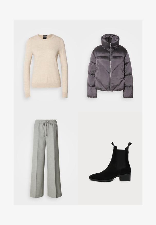 Puffjakke i mørkegrå, med høj krave, blankt materiale, chevronmønster og frontlynlås. Korte, polstrede ærmer.; BOSS FERPINA - Striktrøje - light beige; Lysegrå bukser med brede ben, elastisk taljebånd med snøre, forlommer og et subtilt tekstureret stof.; Sort ruskind ankelstøvle med elastisk sidepanel, trækflapper, lav blokhæl og spids snude, vist fra siden på en ensfarvet baggrund.