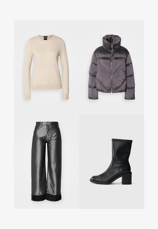 Doudoune gris foncé, avec un col montant, en matériau brillant, motif en chevrons, et fermeture à glissière à l'avant. Manches courtes rembourrées.; BOSS FERPINA - Pullover - light beige; Jeans à jambes larges en denim gris métallique foncé avec une texture lisse. Comprend un revers en denim noir et une fermeture à bouton classique avec passants de ceinture.; Botte en cuir noir à cheville avec un bout rond, texture lisse et un talon épais, présentant un tige ajustée et un subtil détail de couture.