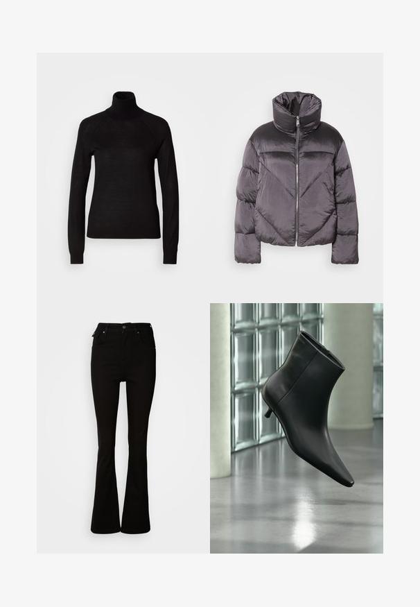Puffjakke i mørkegrå, med høj krave, blankt materiale, chevronmønster og frontlynlås. Korte, polstrede ærmer.; Sort turtleneck sweater lavet af et let strikket stof. Har lange ærmer og en tætsiddende silhuet med raglan-sømme.; Sorte flare jeans lavet af denim, med høj talje, forlommer og et klassisk fem-lomme design med metalhardware detaljer.; Sort læderankelstøvle med spids tå og lav kitten-hæ, vist vinklet mod en poleret gulv- og glasblokvæg.