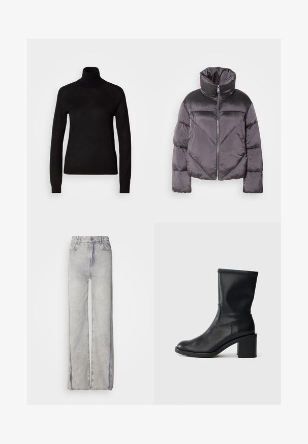 Daunenjacke in Dunkelgrau, mit hohem Kragen, glänzendem Material, Zickzackmuster und einem Reißverschluss vorne. Kurze, gepolsterte Ärmel.; Schwarzer Rollkragenpullover aus leichtem Strickmaterial. Mit langen Ärmeln und einer figurbetonten Silhouette mit Raglanärmeln.; Helle blaue Jeans mit weitem Bein aus Denim mit verblasster Waschung, ausgestattet mit einem Reißverschluss, fünf Taschen und Kontrastnähten.; Schwarze Leder-Ankle Boots mit runder Zehenform, glatter Oberfläche und dicker Absatz, ausgestattet mit einem eng anliegenden Schaft und subtilen Nähten.