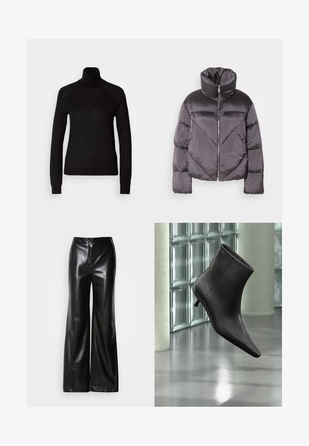Daunenjacke in Dunkelgrau, mit hohem Kragen, glänzendem Material, Zickzackmuster und einem Reißverschluss vorne. Kurze, gepolsterte Ärmel.; Schwarzer Rollkragenpullover aus leichtem Strickmaterial. Mit langen Ärmeln und einer figurbetonten Silhouette mit Raglanärmeln.; Schwarze Lederweite-Hosen mit glatter Textur, hohem Bund und verdecktem Reißverschluss an der Vorderseite. Maßgeschneiderte Passform mit sauberem Finish.; Schwarzer Leder-Knöchelstiefel mit spitzer Spitze und kleinem Absatz vor einer Wand aus Glasbausteinen und einem polierten Boden.
