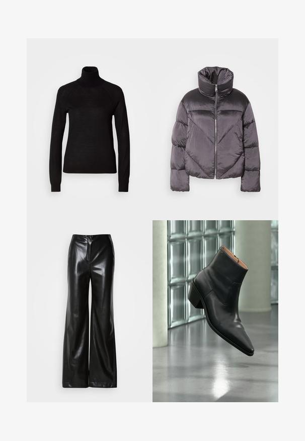 Chaqueta tipo puff en gris oscuro, con un cuello alto, material brillante, patrón de flechas y cierre frontal con cremallera. Mangas cortas y acolchadas.; Suéter negro de cuello alto hecho de un tejido de punto ligero. Presenta mangas largas y una silueta ajustada con costuras raglán.; Pantalones de piel negros de pierna ancha con textura suave, cintura alta y cierre frontal oculto. Ajuste entallado con un acabado limpio.; Botín de piel negra con puntera puntiaguda y tacón cuadrado que levita sobre un suelo gris reflectante cerca de una pared de bloques de cristal.