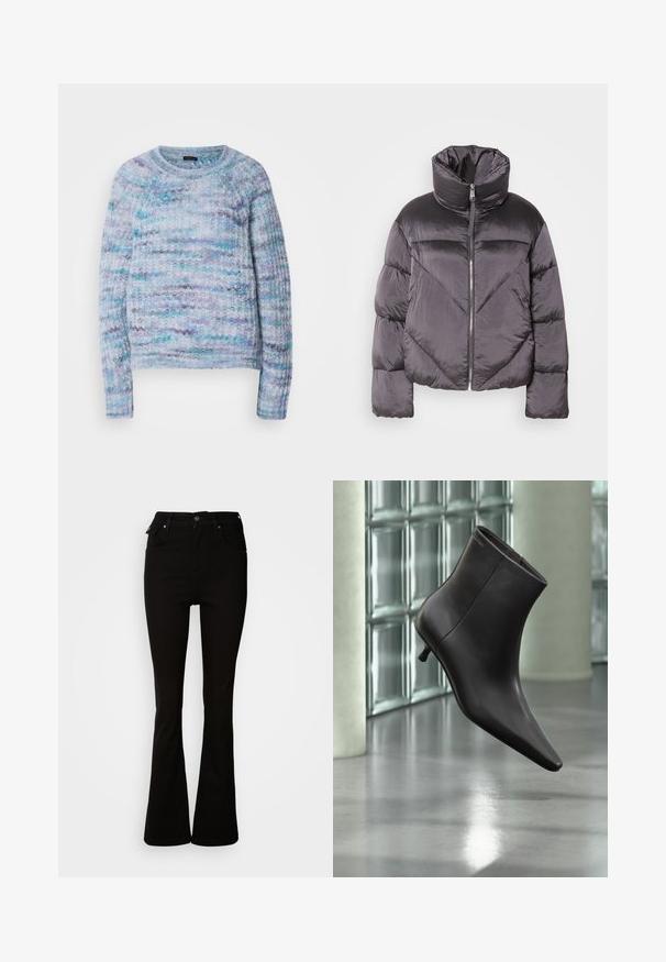 Chaqueta tipo puff en gris oscuro, con un cuello alto, material brillante, patrón de flechas y cierre frontal con cremallera. Mangas cortas y acolchadas.; Suéter de punto en azul claro, violeta y aqua con una superficie texturizada, cuello redondo y puños de canalé. Sin cierres visibles.; Jeans acampanados negros de denim, con una cintura alta, bolsillos frontales y un diseño clásico de cinco bolsillos con acentos de metal.; Bota de cuero negro para el tobillo con puntera puntiaguda y tacón pequeño, exhibida frente a una pared de bloques de vidrio y un suelo pulido.