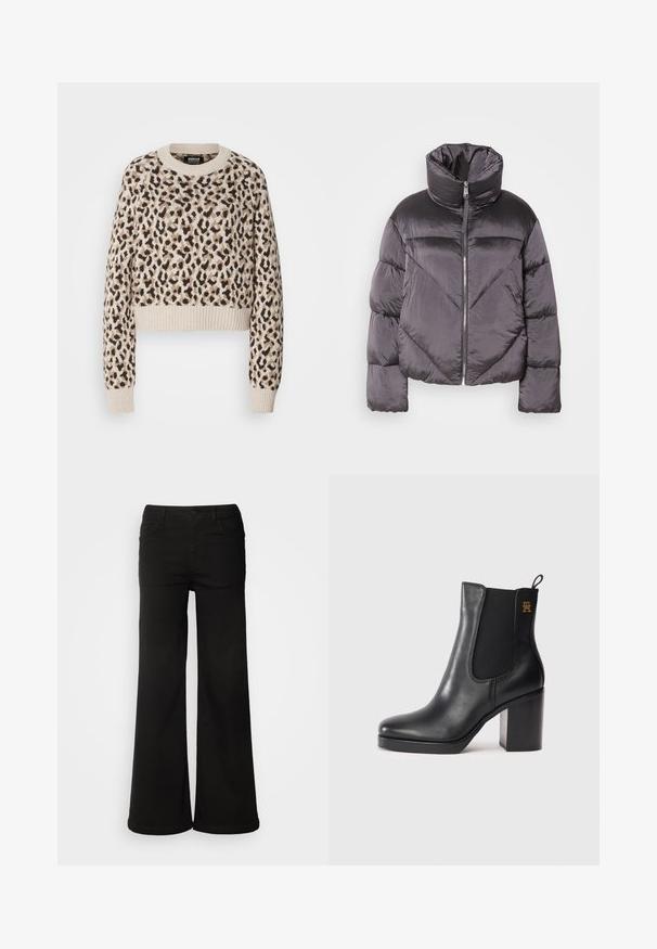Pufferjack in donkergrijs, met een hoge kraag, glanzend materiaal, chevronpatroon en een voorkant met ritssluiting. Korte, gewatteerde mouwen.; Beige cropped sweater met een luipaardprint in bruine en zwarte tinten. Kenmerkt geribbelde manchetten en zoom, met een ronde halslijn.; Zwarte wijde denim broek met voorzakken, een knoopsluiting en een gladde textuur met een nette afwerking.; Zwarte leren enkellaars met blokhak, elastieken zijpaneel, trekband en een klein gouden logo aan de bovenkant.
