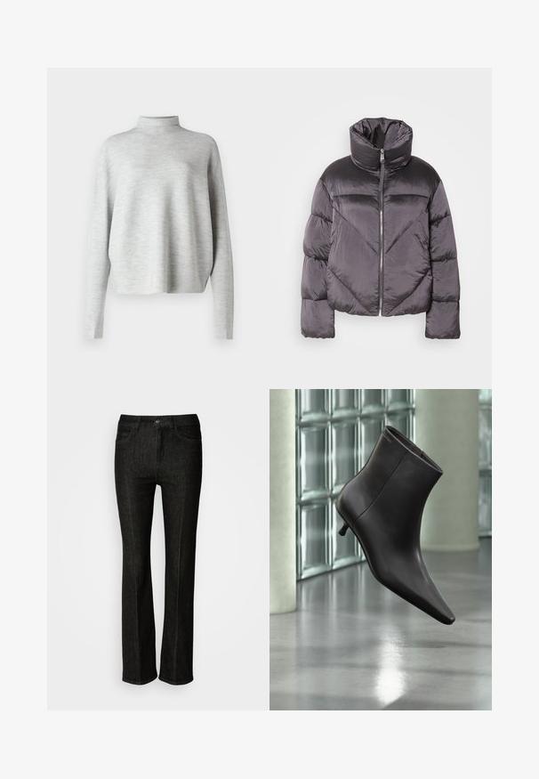 Puffjakke i mørkegrå, med høj krave, blankt materiale, chevronmønster og frontlynlås. Korte, polstrede ærmer.; Lys grå turtleneck sweater, lavet af blødt stof, med lange ærmer og en afslappet pasform, med en glat, fin struktur.; Sorte denim jeans med lige snit, med knaplukning, fem lommer og subtile syninger. Glat tekstur og klassisk design.; Sort læderankelstøvle med spids tå og lille hæl vist mod en væg af glasblokke og poleret gulv baggrund.