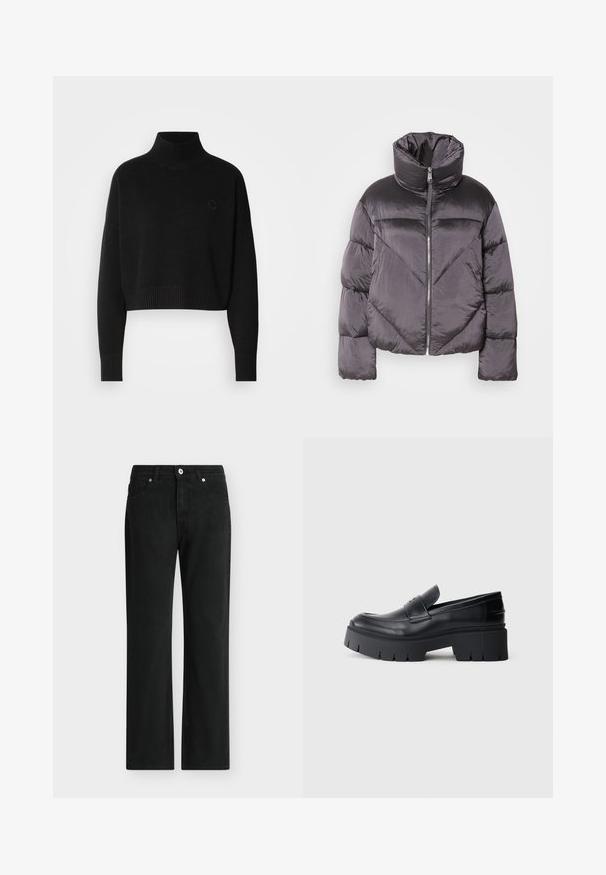 Puffjakke i mørkegrå, med høj krave, blankt materiale, chevronmønster og frontlynlås. Korte, polstrede ærmer.; Sort cropped sweater, ribbede turtleneck, lange ærmer, strikket tekstur, med et lille logo på brystet.; Sorte jeans med lige ben, foran med knap og lynlås, design med fem lommer og bæltestropper.; Sort klodset platform loafers med glat læderoverdel, dekorativ rem og tyk struktureret sål på hvid baggrund.