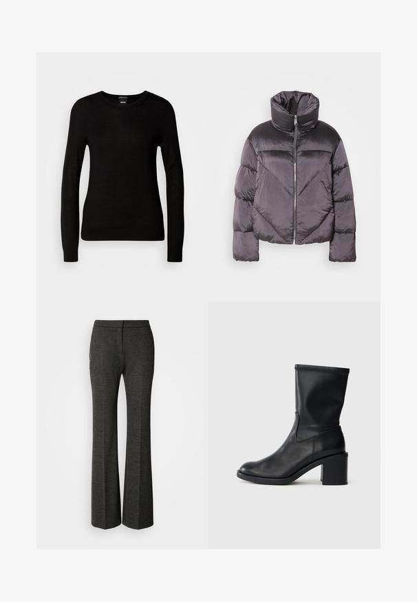 Puffjakke i mørkegrå, med høj krave, blankt materiale, chevronmønster og frontlynlås. Korte, polstrede ærmer.; Sort sweater lavet af et fint strikmateriale, med en rund halsudskæring og lange ærmer med tætsiddende mansjetter. Ingen synlige mønstre eller dekorationer.; Grå, flagrende bukser lavet af tekstureret stof. Har en flad front, skræddersyet silhuet og et subtilt hørmønster overalt.; Sort læder ankelstøvle med rund tå, glat tekstur og en grov hæl, der har et tætsiddende skaft og subtil syning.