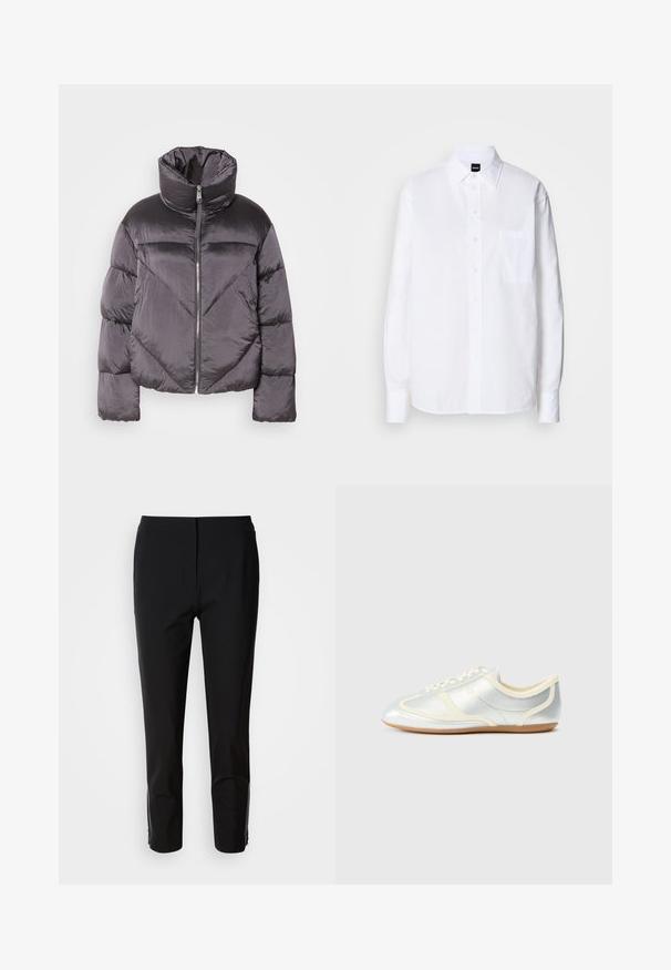 Chaqueta tipo puff en gris oscuro, con un cuello alto, material brillante, patrón de flechas y cierre frontal con cremallera. Mangas cortas y acolchadas.; Camisa blanca de botón hecha de algodón, con cuello clásico, mangas largas, un bolsillo en el pecho y una textura suave y crujiente.; Pantalones negros con un diseño de pierna recta, fabricados en una tela suave. Presenta detalles con cremallera en los laterales inferiores. Estilo limpio y minimalista.; Zapatillas sintéticas plateadas con detalles en crema, perfil bajo, puntera redonda y suela de goma plana; cuentan con costuras clásicas y cierre de cordones.