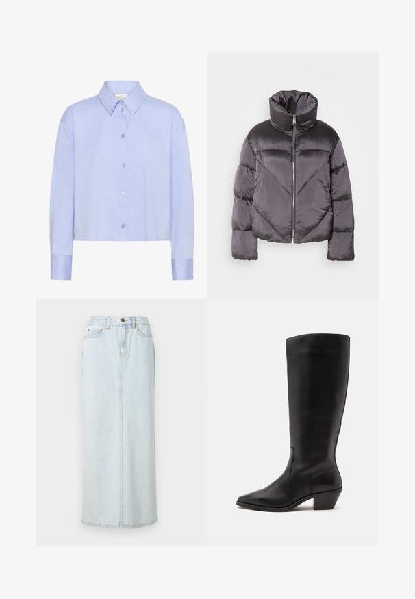 Pufferjack in donkergrijs, met een hoge kraag, glanzend materiaal, chevronpatroon en een voorkant met ritssluiting. Korte, gewatteerde mouwen.; Lichtblauw cropped button-up shirt met een kraag, lange mouwen en doorzichtige knopen. Subtiele logo-detail op de borst.; Lichtblauwe denim maxi rok met een rechte snit, voorzijde met knopen en zichtbare stiksels. Bevat twee voorzakken.; Zwarte leren laars tot half op de kuit met een puntige neus en een lage schuine hak op een effen lichte achtergrond.