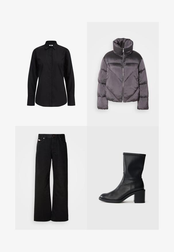 Daunenjacke in Dunkelgrau, mit hohem Kragen, glänzendem Material, Zickzackmuster und einem Reißverschluss vorne. Kurze, gepolsterte Ärmel.; Schwarzes Langarm-Hemd mit Knöpfen aus glattem Stoff, mit klassischem Kragen, vorderen Knöpfen und taillierter Passform.; Schwarze weite Jeans aus Baumwolle. Verfügt über frontale Taschen, einen Knopfverschluss und eine klassische Denim-Textur. Minimalistisches Design ohne Muster.; Schwarze Leder-Ankle Boots mit runder Zehenform, glatter Oberfläche und dicker Absatz, ausgestattet mit einem eng anliegenden Schaft und subtilen Nähten.