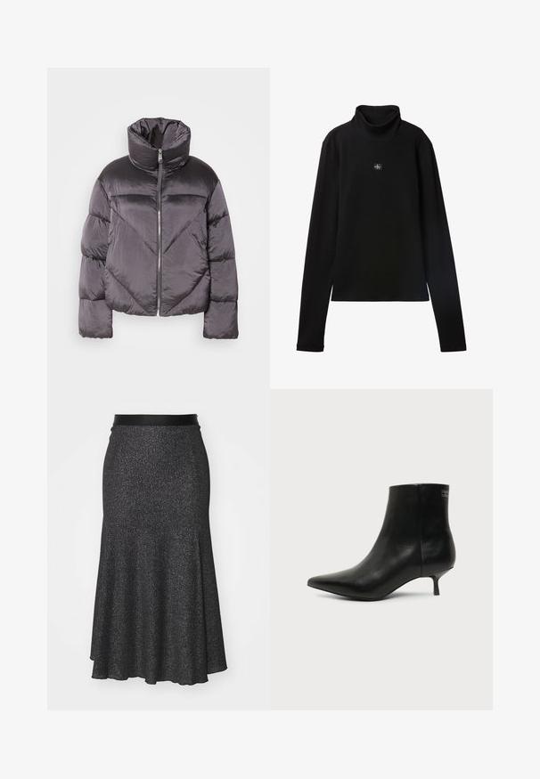 Chaqueta tipo puff en gris oscuro, con un cuello alto, material brillante, patrón de flechas y cierre frontal con cremallera. Mangas cortas y acolchadas.; Top negro de cuello alto acanalado de manga larga con un pequeño parche cuadrado con el logo de Calvin Klein centrado en el pecho.; Falda negra brillante con vuelo, con una cinturilla suave, hecha de material texturizado, que presenta un dobladillo trasero más largo y un efecto de brillo sutil.; Botín de piel negra con puntera puntiaguda y tacón bajo estilo kitten sobre fondo claro, mostrando vista lateral exterior.