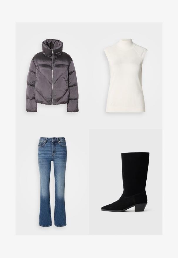Daunenjacke in Dunkelgrau, mit hohem Kragen, glänzendem Material, Zickzackmuster und einem Reißverschluss vorne. Kurze, gepolsterte Ärmel.; Ärmelloses weißes Turtleneck-Oberteil aus weichem Material; verfügt über einen figurbetonten Schnitt mit hohem Kragen und subtiler gerippter Struktur am Saum.; Denim-Jeans im Schlag-Stil in einem hell- bis dunkelblauen Farbverlauf, mit hoher Taille, fünf Taschen und leichter Ausbleichung an den Unterschenkeln.; Schwarze Wildleder Stiefelette mit spitzer Zehe, mittelhohem Schaft und einem chunky Absatz. Verfügt über minimale Nähte und eine glatte Textur.