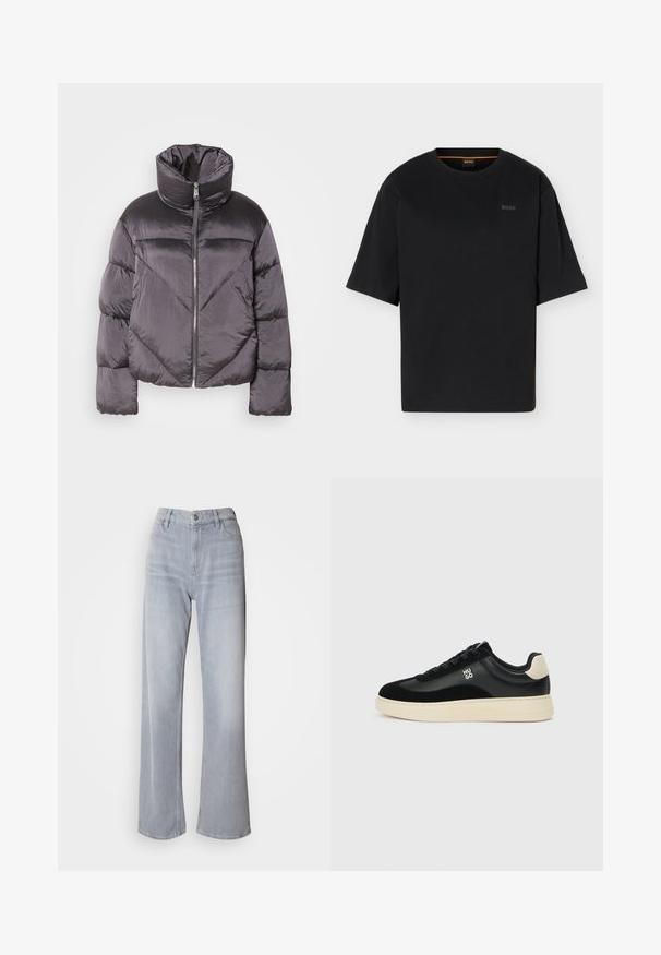 Daunenjacke in Dunkelgrau, mit hohem Kragen, glänzendem Material, Zickzackmuster und einem Reißverschluss vorne. Kurze, gepolsterte Ärmel.; Schwarzes T-Shirt mit kurzem Arm und Rundhalsausschnitt, mit dezentem BOSS-Logo auf der linken Brust und orangenem Detail im Inneren des Halsausschnitts.; Helle graue High-Waist-Jeans mit weit geschnittenem Bein, aus Denim. Verfügt über Fronttaschen, einen Reißverschluss und dezente Ausbleichungen an verschiedenen Stellen.; Schwarzer Sneaker mit glattem Leder- und Wildlederobermaterial, cremefarbener Gummisohle, Schnürverschluss und kleinem "HUGO"-Logo an der Seite.