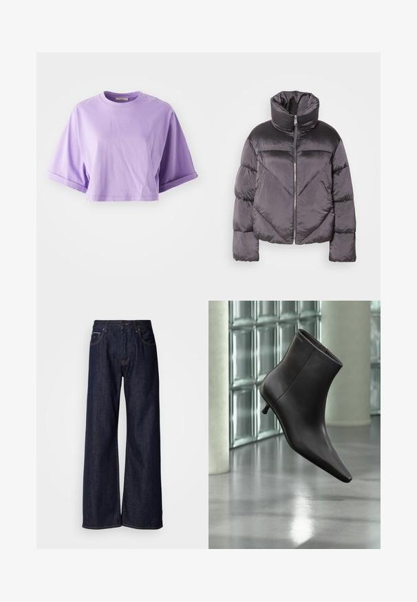 Chaqueta tipo puff en gris oscuro, con un cuello alto, material brillante, patrón de flechas y cierre frontal con cremallera. Mangas cortas y acolchadas.; Camiseta corta de manga corta en algodón de color morado claro. Presenta un cuello redondo y puños enrollados, con una textura suave y un detalle mínimo.; Jeans de mezclilla oscura de pierna ancha con una cintura alta, con bolsillos frontales y detalles de costura sutiles. Textura suave con un corte clásico.; Bota de cuero negro para el tobillo con puntera puntiaguda y tacón pequeño, exhibida frente a una pared de bloques de vidrio y un suelo pulido.