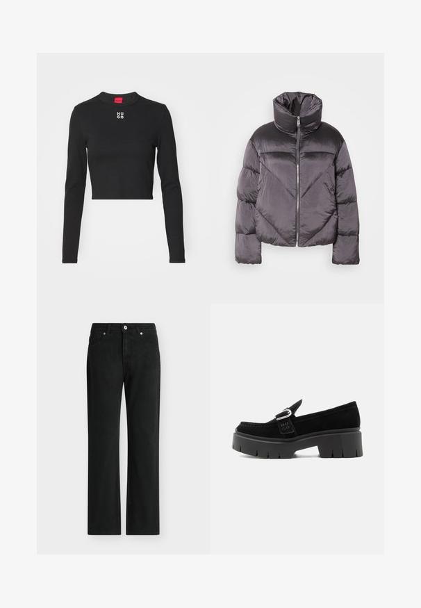 Puffjakke i mørkegrå, med høj krave, blankt materiale, chevronmønster og frontlynlås. Korte, polstrede ærmer.; Sort langærmet cropped top lavet af glat stof, med rund hals og hvid "HUGO" logo på brystet.; Sorte jeans med lige ben, foran med knap og lynlås, design med fem lommer og bæltestropper.; Sort ruskindslipper med kraftig sål, sølvspænde og præget "HUGO" på sidesnoren, vist fra ydersiden.