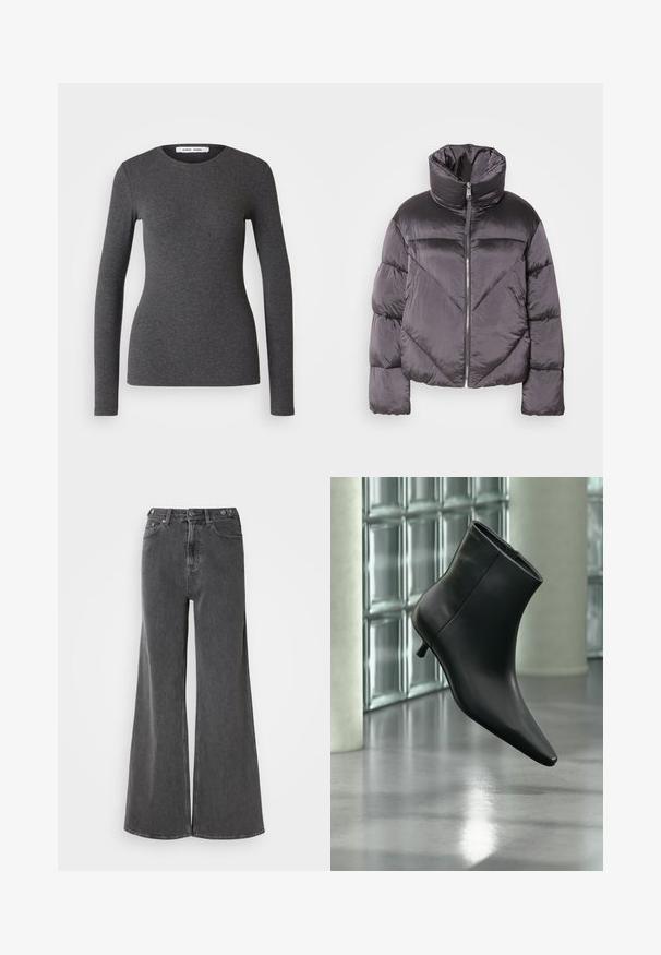 Chaqueta tipo puff en gris oscuro, con un cuello alto, material brillante, patrón de flechas y cierre frontal con cremallera. Mangas cortas y acolchadas.; Top de manga larga y cuello redondo en gris oscuro, confeccionado en tejido acanalado con un diseño ajustado, que presenta una textura suave y un detalle mínimo.; Vaqueros de pierna ancha en denim negro desgastado, con una cintura alta, dos bolsillos frontales y cierres de botón metálico. Textura suave, detalles mínimos.; Botín negro de cuero con punta puntiaguda y tacón bajo estilo kitten, mostrado en ángulo sobre un suelo pulido y con una pared de bloques de vidrio de fondo.