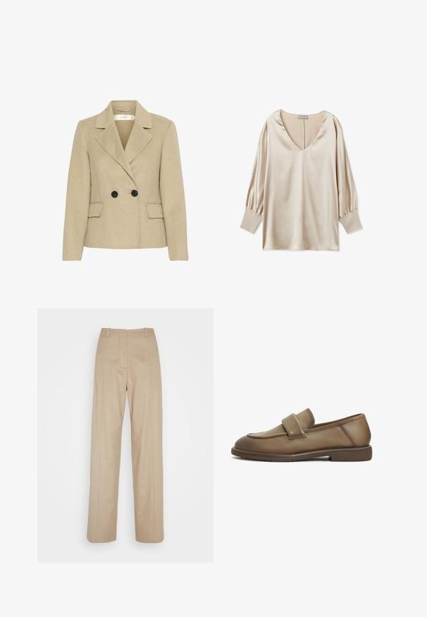 Beige uldblandings blazer med dobbeltknap, klippet revers, to forlommer og sorte knapper for ekstra kontrast.; Beige satinbluse med dyb V-udskæring, lange puffærmer og tætsiddende manchetter. Glat tekstur og minimalistisk design.; Calvin Klein TAILORED STRAIGHT PANT - Bukser - cinder; Brune læder loafers med en blød tekstur, der har et bredt strop over vristen og en lav, flad gummisål. Rent, understated design.