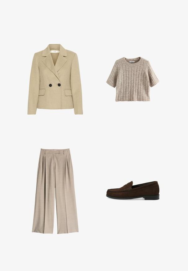Beige wollen blazer van een wolmix met een dubbelzijdig ontwerp, geklede revers, twee voorkeurszakken en zwarte knopen voor extra contrast.; Korte mouwen, geribbelde trui in lichtbeige, met een ronde halslijn en zachte textuur, gemaakt van een comfortabele gebreide stof.; Beige wijde broekspijpen met plooien aan de voorkant en een hoge taille, ontworpen voor een losse en comfortabele pasvorm.; Bruine suède instapschoenen met een gestikt moccasin-neus, platte zwarte rubberen zool en een decoratieve bovenband en detail.