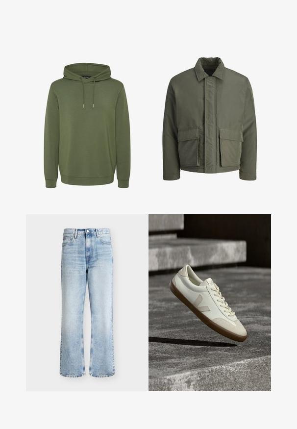 Olivgrüne Steppjacke mit hohem Kragen, geknöpften Ärmelbündchen, vorderen Klappentaschen und verdecktem Frontreißverschluss mit Druckknopfverschluss.; Olivgrüner Hoodie aus weichem Material, mit einer geräumigen Kapuze mit Kordelzügen sowie gerippten Bünden und Saum für eine angenehme Passform.; Hellblaue High-Waist Jeans mit geradem Bein, vorne mit Knopf- und Reißverschluss und sichtbaren Fronttaschen auf einfarbigem Hintergrund.; Weiße Leder-Sneaker mit beige-gummiartiger Sohle, flachen Schnürsenkeln und V-förmigem Akzent an der Seite. Verfügt über eine glatte Oberfläche und minimale Nahtdetails.