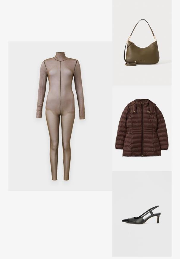 Bruine gewatteerde jas met een ritssluiting aan de voorkant, uitgerust met een opstaande kraag, gouden hardware en horizontale stiknaden voor isolatie.; Bruine gaas bodysuit met lange mouwen en een hoge hals. Heeft een naadloos ontwerp met een aansluitende silhouet en minimale stikseldetails.; Zwarte leren slingback schoen met een puntige neus, voorzien van een glanzend detail op de neuskap en een hak van gemiddelde hoogte. Open zijkant ontwerp.; Olijfgroene leren handtas met korte en lange banden, goudkleurige details en het Michael Kors-logo in goud vlak bij de onderkant op een effen achtergrond.