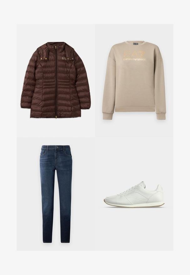 Bruine gewatteerde jas met een ritssluiting aan de voorkant, uitgerust met een opstaande kraag, gouden hardware en horizontale stiknaden voor isolatie.; Beige sweatshirt met lange mouwen voorzien van gouden glinsterende "EA7" en gouden "EMPORIO ARMANI" logo tekst aan de voorkant.; Donkerblauwe denim jeans met een rechte pasvorm. Kenmerkt zich door een knoop- en ritsluiting, vijf zakken en contrasterende stiksels. Glad textuur.; Witte lage leren sneaker met veters aan de voorkant, subtiele stiksel details en beige rubberen zool op een effen lichte achtergrond.