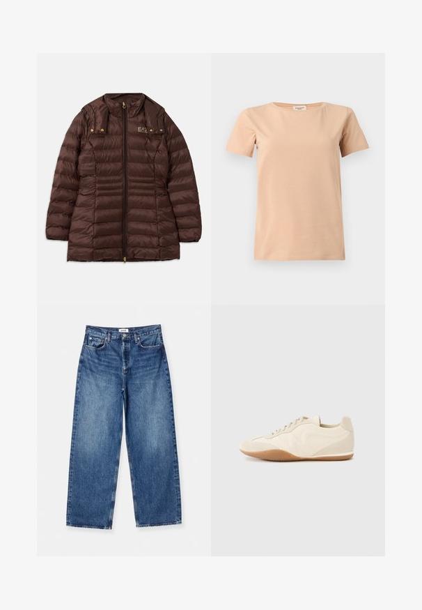 Brun polstret jakke med lynlås fortil, der har en opretstående krave, guldfarvet hardware og vandret søm for isolering.; Beige kortærmet T-shirt med rund halsudskæring og lige kant på en ensfarvet lysegrå baggrund.; Lysblå vid ben jeans lavet af denim, med et klassisk fem-lomme design, synlig syning og en mid-rise talje.; Lyse beige sneakers med en tekstureret læderoverdel, teksturerede sider og en gummisål. Har et slankt, strømlinet design og flade snørebånd.