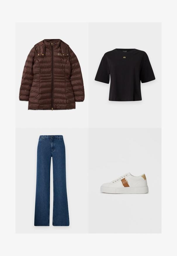 Brun polstret jakke med lynlås fortil, der har en opretstående krave, guldfarvet hardware og vandret søm for isolering.; Sort kortærmet T-shirt lavet af bomuld med en afslappet pasform, med et guld "AX" logo centreret på brystet.; Blå denim flared jeans med høj talje, fem-lomme design og metalknaplukning. Glat tekstur, afslappet stil og minimal syning.; Hvide lavtop sneakers med beige hælpatch, brun læderrem med guldlukning og A|X brand, samt præget Armani Exchange sål.