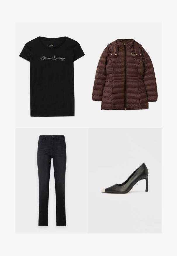 Chaqueta acolchada marrón con cremallera en la parte delantera, que presenta un cuello alzado, herrajes dorados y costuras horizontales para aislamiento.; Camiseta de manga corta negra hecha de algodón, con un logo en escritura "Armani Exchange" en embellishments dorados en el pecho.; Jeans de denim negro, diseño ajustado, pierna recta, cinco bolsillos, cierre de botón y detalle de costura sutil. Textura suave, estilo clásico.; Zapato de tacón alto de cuero negro con punta en forma de pico y una tapa metálica plateada. Presenta un acabado suave y un tacón delgado de 10 cm.