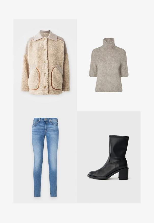 Beige schapenvachtjas met een grijze kraag, twee grote zakken met lichtgrijze accenten en gouden knopen aan de voorkant. Textuur is gezellig en warm.; Korte fuzzy beige turtleneck trui met korte mouwen en een zachte, textuurachtige stof.; Slim-fit lichtblauwe spijkerbroeken met een middelhoge taille, vooraan met knoopsluiting en een vijf-pocket ontwerp.; Zwarte leren enkellaars met een ronde neus, een gladde textuur en een chunky hak, met een strak schacht en subtiele stiksels.