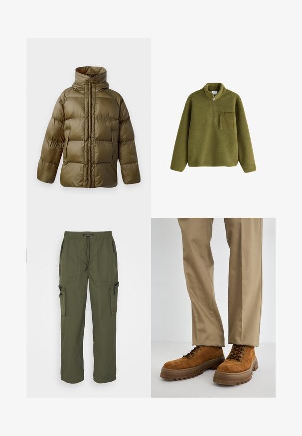 CLOSED PUFFER JACKET - Winterjacke - marsh green; Olivgrüner Fleecepullover mit langen Ärmeln, halbem Frontreißverschluss, Stehkragen und strukturiertem quadratischem Brusttasche links.; Olivgrüne Cargo-Hosen aus leichtem Material mit elastischem Bund, Kordelzug und mehreren Reißverschlusstaschen.; Braune Wildlederstiefel mit einer dicken Gummisohle, ausgestattet mit Metallösen, braunen Schnürsenkeln und einem gepolsterten Kragen, kombiniert mit beigen Hosen.