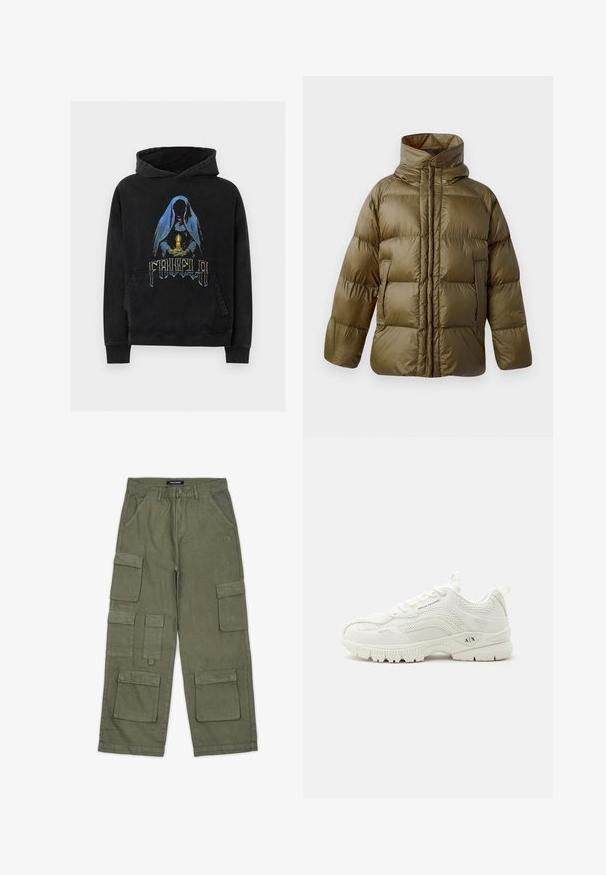CLOSED PUFFER JACKET - Χειμωνιάτικο μπουφάν - marsh green; Μαύρο φούτερ με κουκούλα με γραφικό μιας φιγούρας με κουκούλα που κρατά μια λαμπερή κερί και στυλιζαρισμένο κείμενο κάτω από τη φιγούρα μπροστά.; Ελαιόχρωμο cargo παντελόνι από μαλακό ύφασμα με πολλά τσέπες, ίσια γραμμή και ραφές. Λογότυπο της μάρκας στη μέση.; Λευκό αθλητικό παπούτσι Armani Exchange με λεπτομέρειες από δίχτυ και δέρμα, μπροστινό δέσιμο με κορδόνια, με λογότυπο "A|X" στη σόλα και στο πλαϊνό πάνελ, αθλητικός σχεδιασμός με χαμηλή κορυφή.