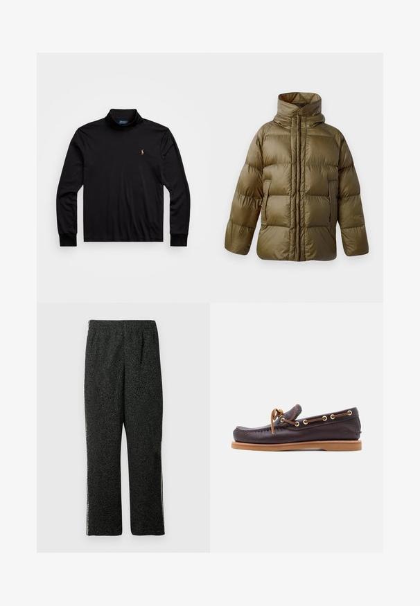 CLOSED PUFFER JACKET - Talvejope - marsh green; Must have pikkade varrukatega must polo särk, millel on kõrgem krae. Valmistatud siledast kangast, vasakul rinnal on väike tikitud logo.; Mustad tekstuuriga fliisist püksid elastse vöökohaga ja sirgete sääreosadega, valgel taustal.; Tumepruunast nahast paadisuss kuldsete silmadega ja õmblustega, varustatud polsterdatud kraega ja pruunikaskollase kummist tallaga parema haarde tagamiseks.