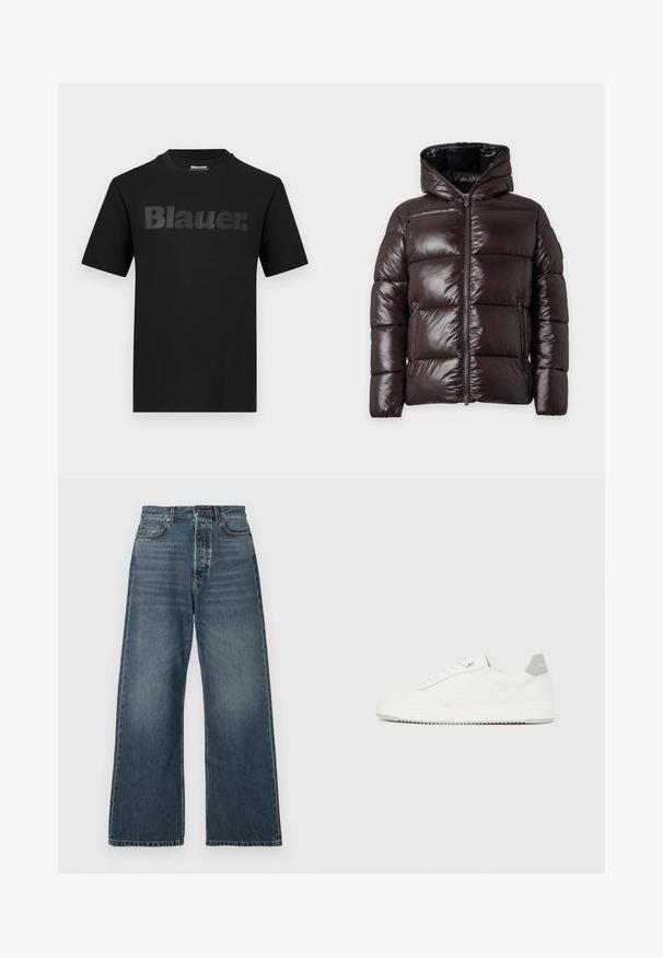 Doudoune brillante marron foncé avec capuche, fermeture éclair à l'avant et deux poches latérales zippées, présentée sur un fond clair uni.; T-shirt noir à manches courtes avec l'inscription "Blauer." en grandes lettres gris foncé sur la poitrine et un col rond.; Jeans bleus taille haute à jambe large avec poches avant, passants de ceinture et fermeture à bouton, fabriqués en denim à lavage moyen.; Baskets basses blanches avec un onglet de talon gris, des lacets blancs et une semelle texturée, présentées sur un fond uni clair.