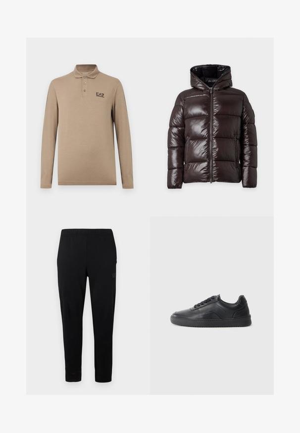Doudoune brillante marron foncé avec capuche, fermeture éclair à l'avant et deux poches latérales zippées, présentée sur un fond clair uni.; Polo beige à manches longues avec trois boutons et un petit logo noir "EA7 Emporio Armani" sur le côté gauche de la poitrine.; Pantalon de sport noir avec une taille élastique, coupe ajustée, sans garniture visible. Présente un logo discret imprimé sur le côté.; Chaussure de sport en cuir noir avec une finition lisse, bout arrondi, panneau latéral texturé et lacets noirs. Présente une semelle en caoutchouc plate et un design minimaliste.