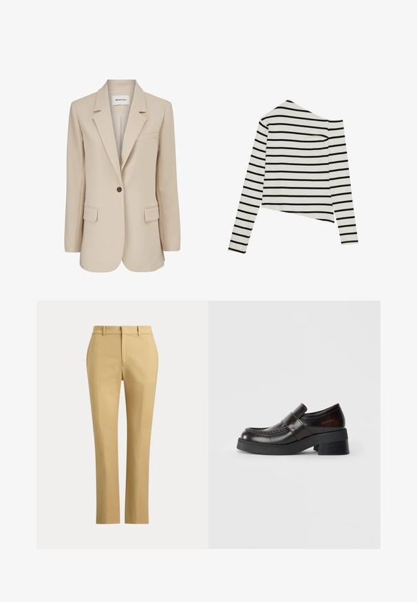 Modström GALE BLAZER - Manteau court - powder sand; Haut à manches longues rayé avec un décolleté asymétrique, fabriqué en tissu léger. Couleurs : crème avec des rayures horizontales noires.; Pantalon beige droit avec passants de ceinture, fermeture éclair à l'avant et plis sur mesure sur un fond clair uni.; Mocassins en cuir marron avec un large talon noir, présentant un design cousu et une sangle traversant le dessus pour un détail supplémentaire.