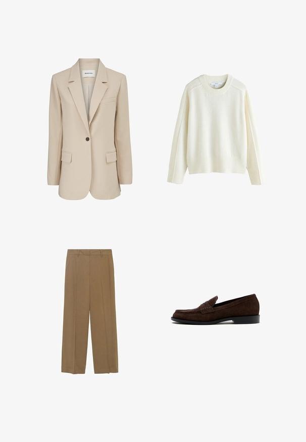 Modström GALE BLAZER - Halflange jas - powder sand; Next CREW NECK - Trui - ecru; Wijduitlopende broek van lichtgewicht stof in een effen bruine kleur, met een plissee aan de voorkant en een aangesloten tailleband.; Donkerbruine suède herenloafer met lage hak en mocassinnaaistijl, zijaanzicht op een witte achtergrond.