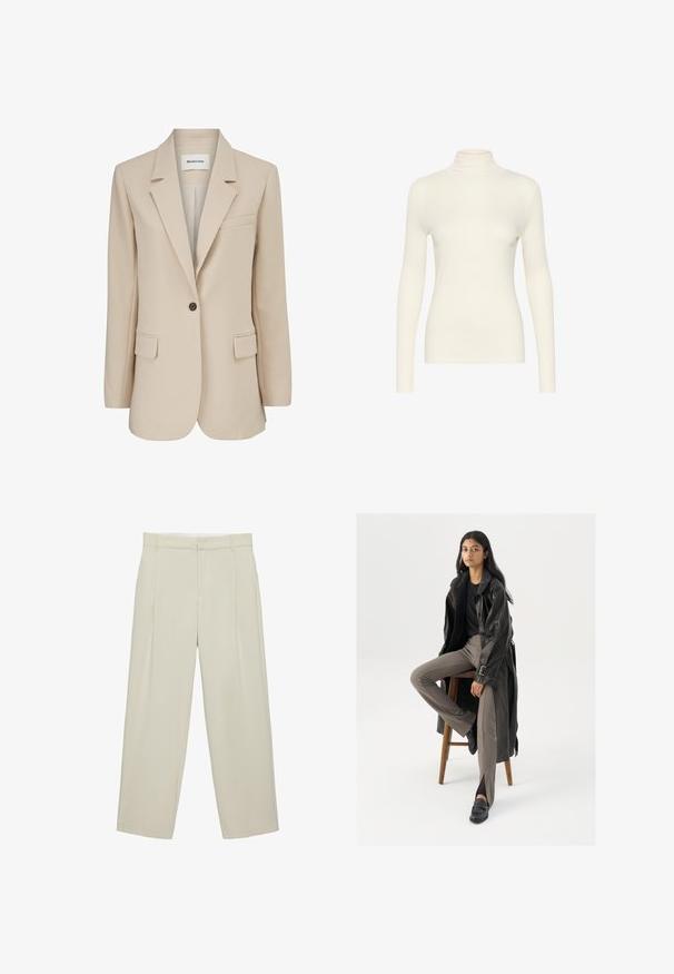 Modström GALE BLAZER - Krátky kabát - powder sand; Biela dlhá polokošeľa s vysokým golierom, vyrobená z hladkej tkaniny s priliehavým strihom, s minimalistickým dizajnom.; Béžové nohavice s vysokým pásom na mieru, so bočnými vreckami, pútkami na opasok a predným zipsom, v rovnom strihu na nohy.; Čierny kožený trenčkot s gombíkmi a detailom pásu, v kombinácii so svetlohnedými priliehavými nohavicami a čiernymi mokasínami, posadený na drevenej stoličke.