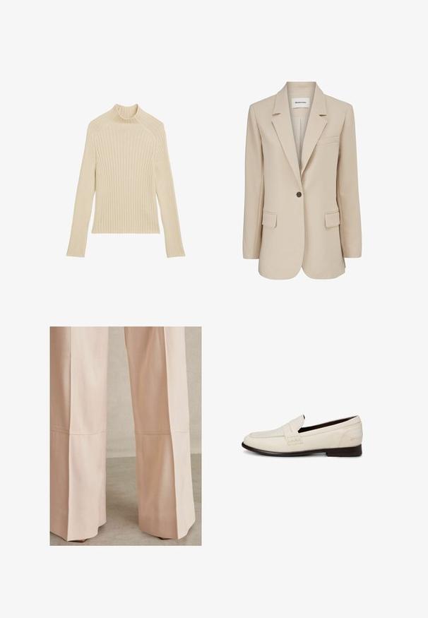 Modström GALE BLAZER - Halflange jas - powder sand; Geribbeld gebreide longsleeve top in off-white met een hoge kraag en een slim fit. Heeft een verticale textuur en een cropped zoom.; Lichtroze wijde broek, met een gestructureerde stof, naaddetails en een nette afwerking aan de zoom. Geschikt voor casual of formele gelegenheden.; Witte leren instaploafer met een donkere zool, stikdetails en een band over de bovenzijde op een effen achtergrond.