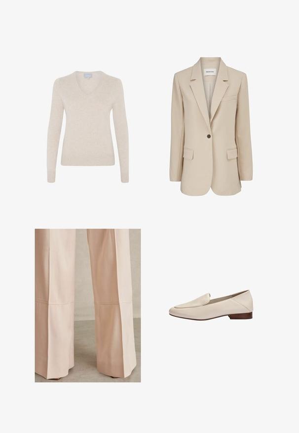 Modström GALE BLAZER - Manteau court - powder sand; Pull en v couleur beige, en tissu doux, à manches longues, silhouette ajustée et ourlet côtelé. Aucun motif ni élément métallique visible.; Pantalons large en rose clair, avec un tissu texturé, des détails de couture et une coupe nette à l'ourlet. Convient pour un usage décontracté ou formel.; Mocassin en cuir beige avec petit talon en bois et bout carré arrondi, vue de côté sur fond blanc.
