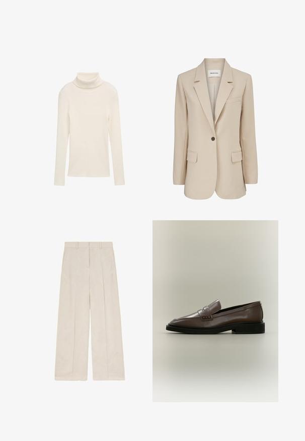 Modström GALE BLAZER - Krátky kabát - powder sand; Krémový rolák z rebrovaného materiálu. Dlhé rukávy a priliehavý strih. Žiadne viditeľné vzory ani kovové akcenty.; Béžové nohavice so širokými nohavicami, so slučkami na opasok a prednými záhybmi, zobrazené na bielom pozadí.; Hnedá kožená slip-on mokasína s čiernou podrážkou a nízkym podpätkom, so detailom remienka cez hornú časť.