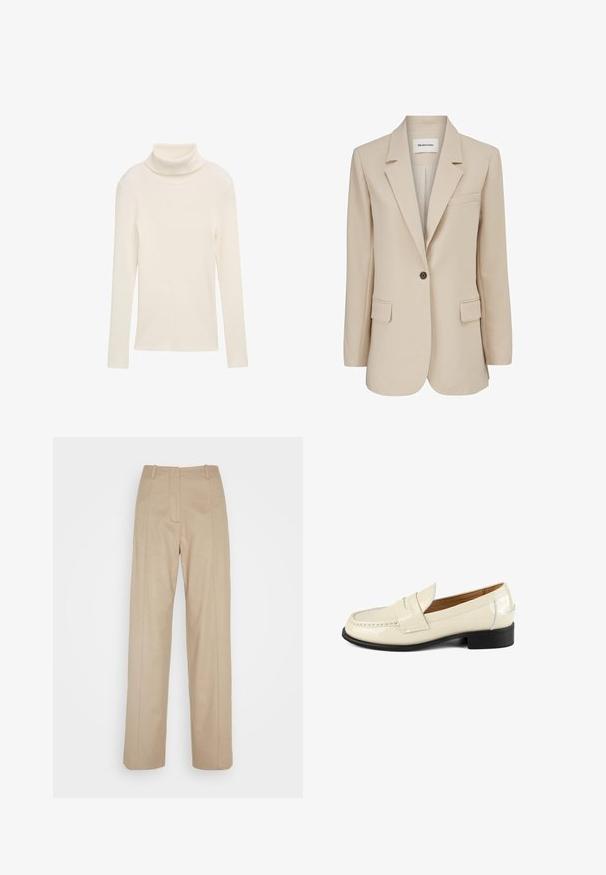 Modström GALE BLAZER - Krátky kabát - powder sand; Krémový rolák z rebrovaného materiálu. Dlhé rukávy a priliehavý strih. Žiadne viditeľné vzory ani kovové akcenty.; Calvin Klein TAILORED STRAIGHT PANT - Nohavice - cinder; Béžové lakované kožené mokasíny s okrúhlou špičkou a dekoratívnim prešívaním. Majú nízky čierny podpätok a sú na obúvanie.